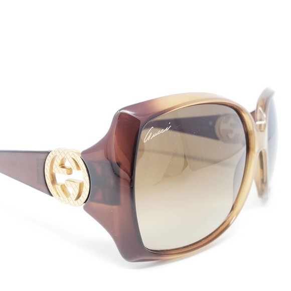 Gucci Sunglasses GG Logo Gold Tone Diamond Cut Oversize Square Brown Acetate - Picture 4 of 9